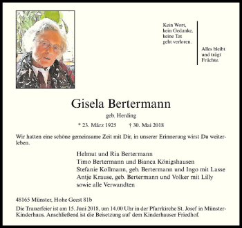 Anzeige von Gisela Bertermann von Westfälische Nachrichten