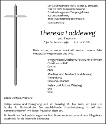 Anzeige von Theresia Loddeweg von Westfälische Nachrichten