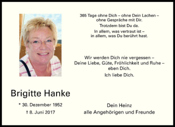 Anzeige von Brigitte Hanke von Westfälische Nachrichten