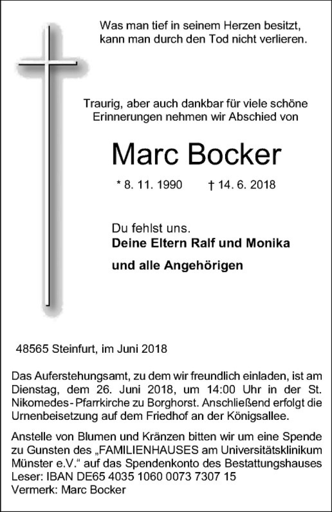  Traueranzeige für Marc Bocker vom 22.06.2018 aus Westfälische Nachrichten