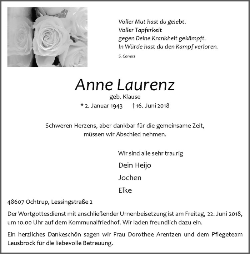  Traueranzeige für Anne Laurenz vom 20.06.2018 aus Westfälische Nachrichten