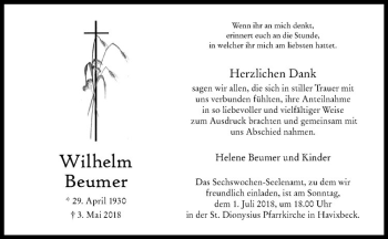 Anzeige von Wilhelm Bäumer von Westfälische Nachrichten