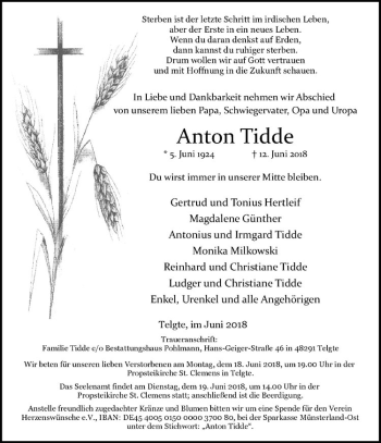 Anzeige von Anton Tidde von Westfälische Nachrichten