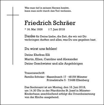 Anzeige von Friedrich Schräer von Westfälische Nachrichten