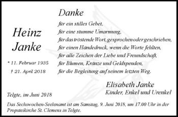 Anzeige von Heinz Janke von Westfälische Nachrichten
