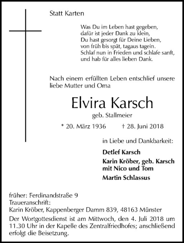  Traueranzeige für Elvira Karsch vom 30.06.2018 aus Westfälische Nachrichten