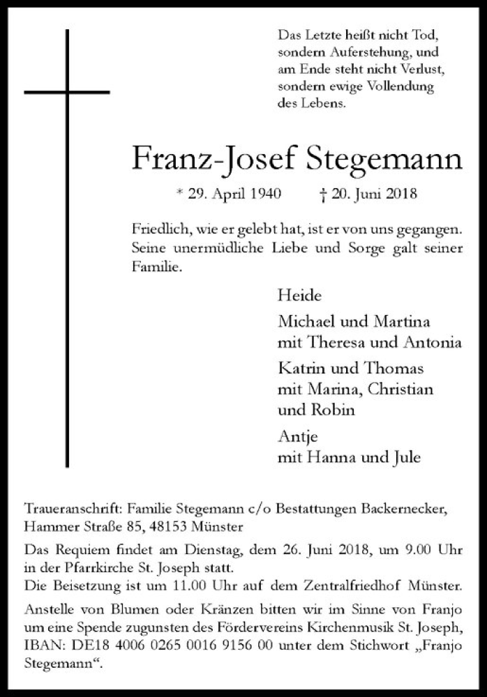  Traueranzeige für Franz-Josef Stegemann vom 23.06.2018 aus Westfälische Nachrichten