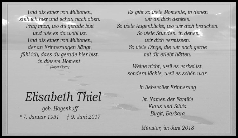  Traueranzeige für Elisabeth Thiel vom 09.06.2018 aus Westfälische Nachrichten