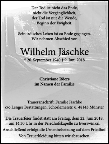 Anzeige von Wilhelm Jäschke von Westfälische Nachrichten