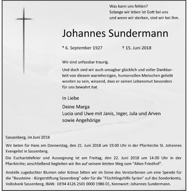  Traueranzeige für Johannes Sundermann vom 19.06.2018 aus Westfälische Nachrichten