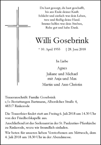 Anzeige von Willi Gosebrink von Westfälische Nachrichten
