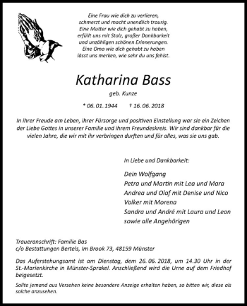 Anzeige von Katharina Bass von Westfälische Nachrichten