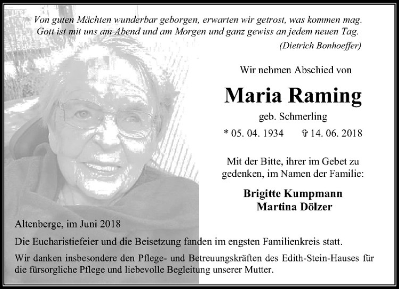  Traueranzeige für Maria Raming vom 23.06.2018 aus Westfälische Nachrichten