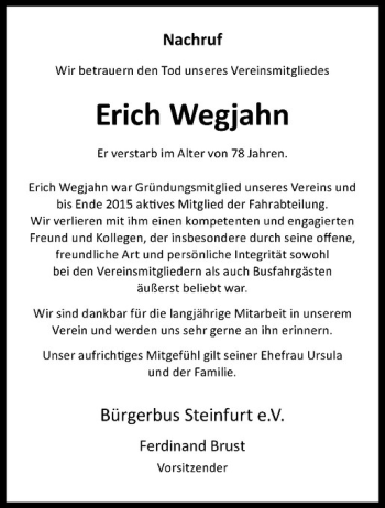 Anzeige von Erich Wegjahn von Westfälische Nachrichten