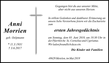 Anzeige von Anni Morrien von Westfälische Nachrichten