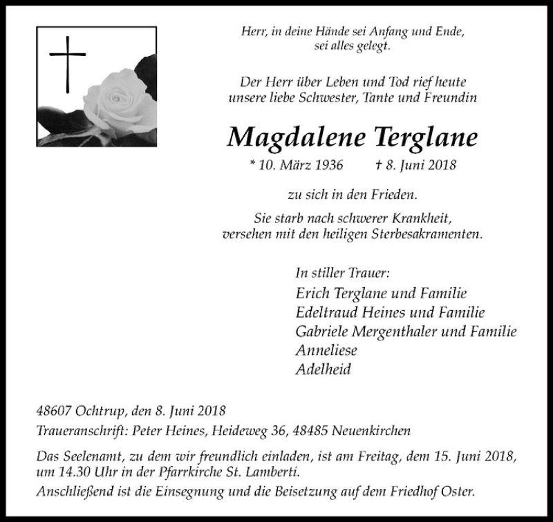  Traueranzeige für Magdalene Terglane vom 12.06.2018 aus Westfälische Nachrichten