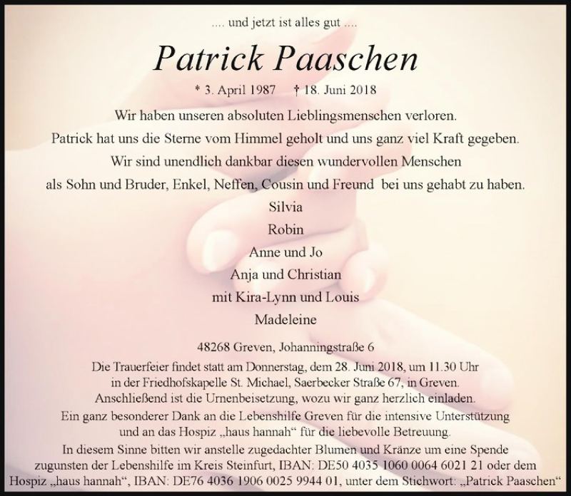  Traueranzeige für Patrick Paaschen vom 23.06.2018 aus Westfälische Nachrichten