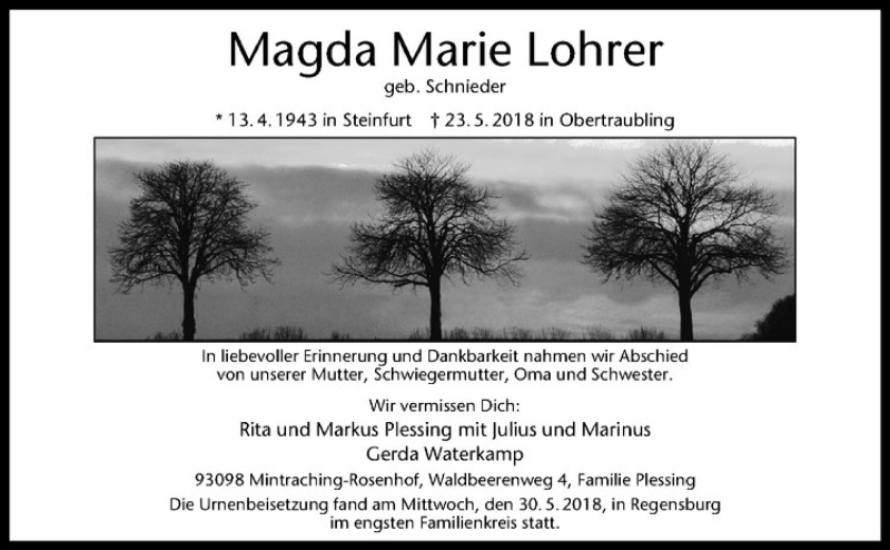  Traueranzeige für Magda Marie Lohrer vom 16.06.2018 aus Westfälische Nachrichten