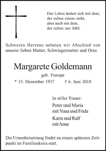 Anzeige von Margarete Goldemann von Westfälische Nachrichten