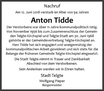 Anzeige von Anton Tidde von Westfälische Nachrichten