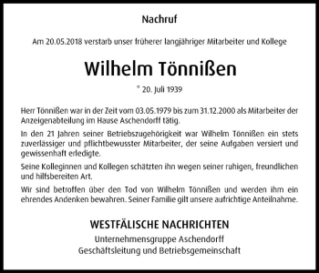 Anzeige von Wilhelm Tönnißen von Westfälische Nachrichten