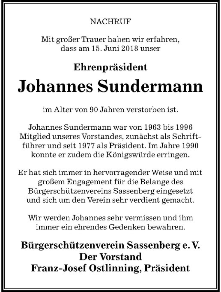  Traueranzeige für Johannes Sundermann vom 20.06.2018 aus Westfälische Nachrichten