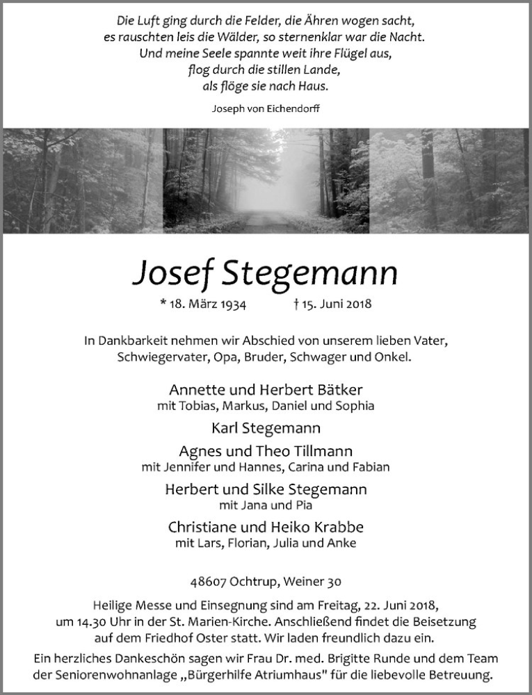  Traueranzeige für Josef Stegemann vom 19.06.2018 aus Westfälische Nachrichten