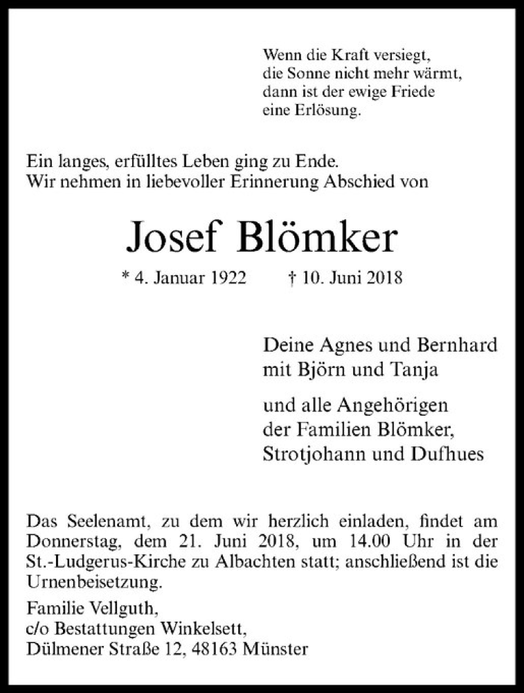  Traueranzeige für Josef Blömker vom 19.06.2018 aus Westfälische Nachrichten