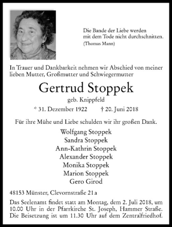 Anzeige von Gertrud Stoppek von Westfälische Nachrichten