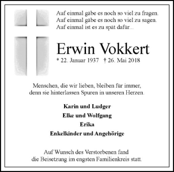 Anzeige von Erwin Vokkert von Westfälische Nachrichten