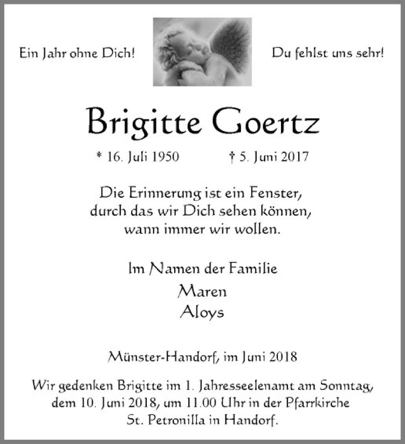  Traueranzeige für Brigitte Goertz vom 02.06.2018 aus Westfälische Nachrichten