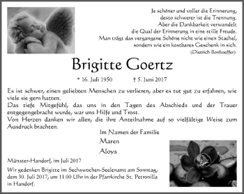 Anzeige von Brigitte Goertz von Westfälische Nachrichten