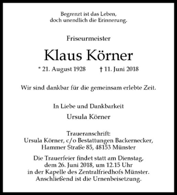 Anzeige von Klaus Körner von Westfälische Nachrichten