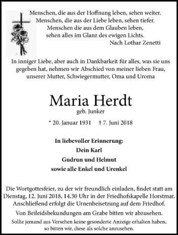 Anzeige von Maria Herdt von Westfälische Nachrichten