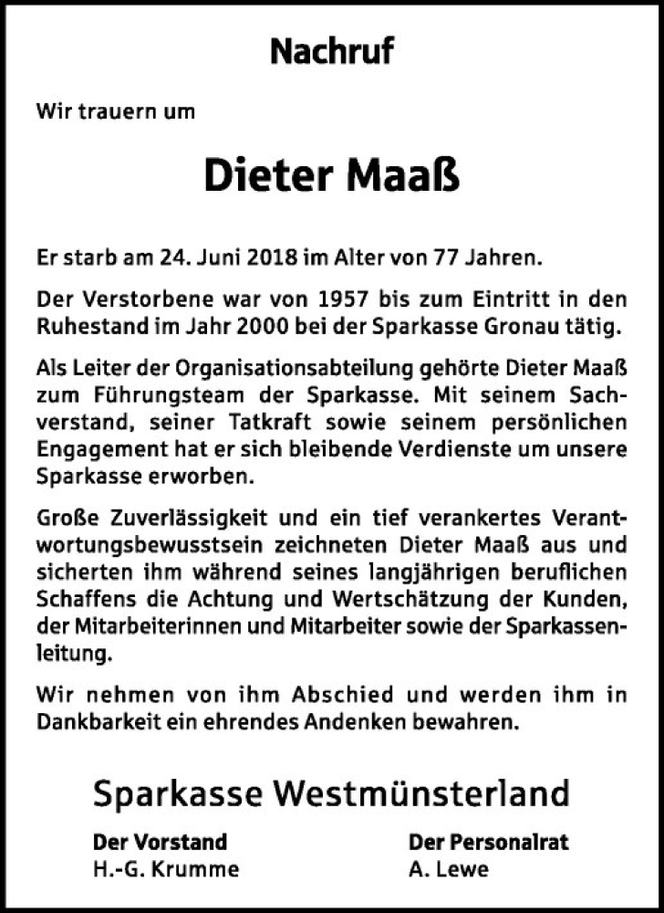  Traueranzeige für Dieter Maaß vom 29.06.2018 aus Westfälische Nachrichten