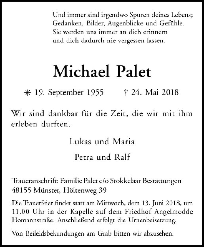  Traueranzeige für Michael Palet vom 09.06.2018 aus Westfälische Nachrichten