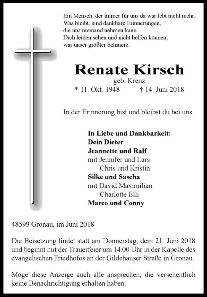  Traueranzeige für Renate Kirsch vom 19.06.2018 aus Westfälische Nachrichten
