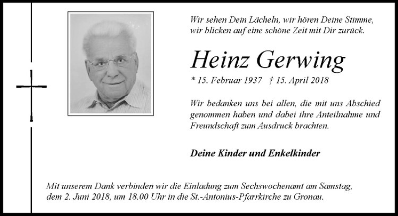  Traueranzeige für Heinz Gerwing vom 31.05.2018 aus Westfälische Nachrichten