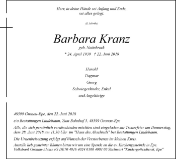 Anzeige von Barbara Kranz von Westfälische Nachrichten