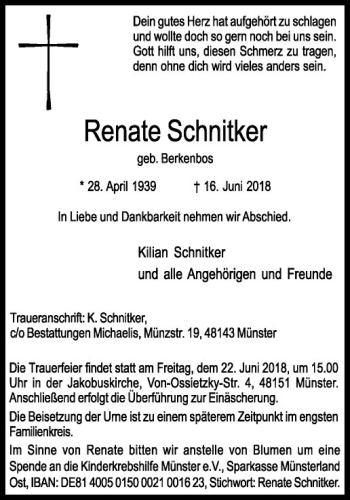 Anzeige von Renate Schnitker von Westfälische Nachrichten