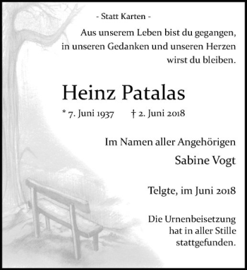 Anzeige von Heinz Patalas von Westfälische Nachrichten