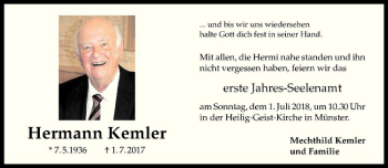 Anzeige von Hermann Kemler von Westfälische Nachrichten