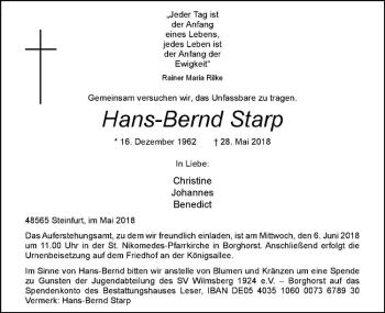 Anzeige von Hans-Bernd Starp von Westfälische Nachrichten