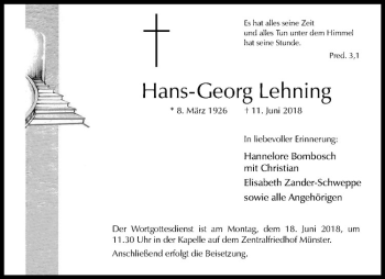 Anzeige von Hans-Georg Lehning von Westfälische Nachrichten