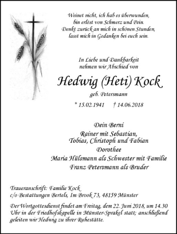 Anzeige von Hedwig Kock von Westfälische Nachrichten