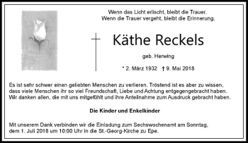 Anzeige von Käthe Reckels von Westfälische Nachrichten