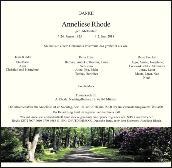 Anzeige von Anneliese Rhode von Westfälische Nachrichten