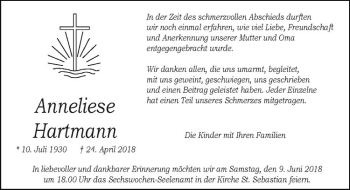 Anzeige von Anneliese Hartmann von Westfälische Nachrichten
