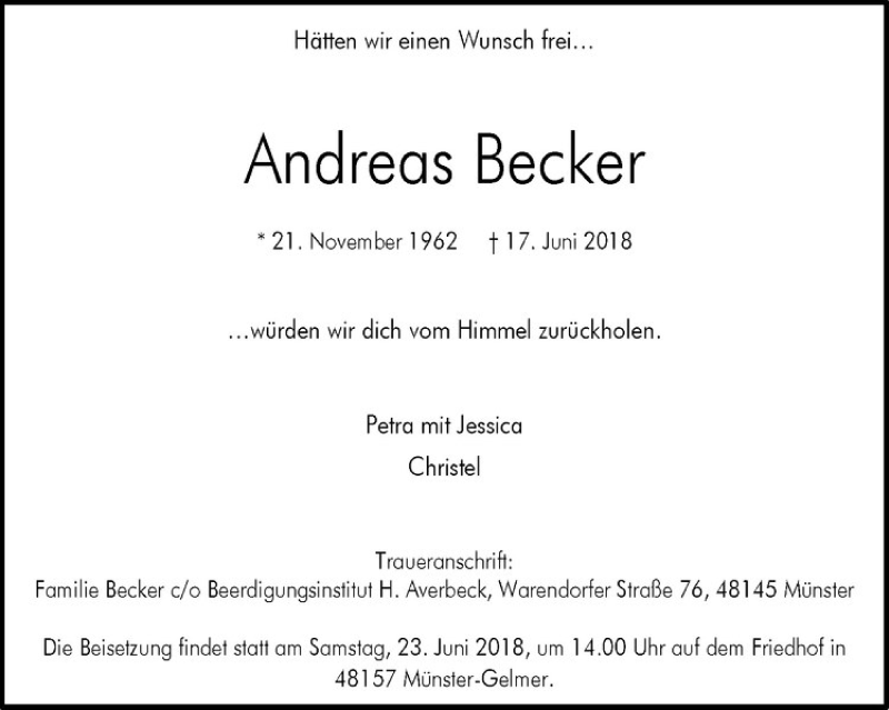  Traueranzeige für Andreas Becker vom 20.06.2018 aus Westfälische Nachrichten