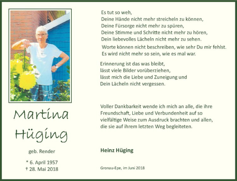  Traueranzeige für Martina Hüging vom 16.06.2018 aus Westfälische Nachrichten